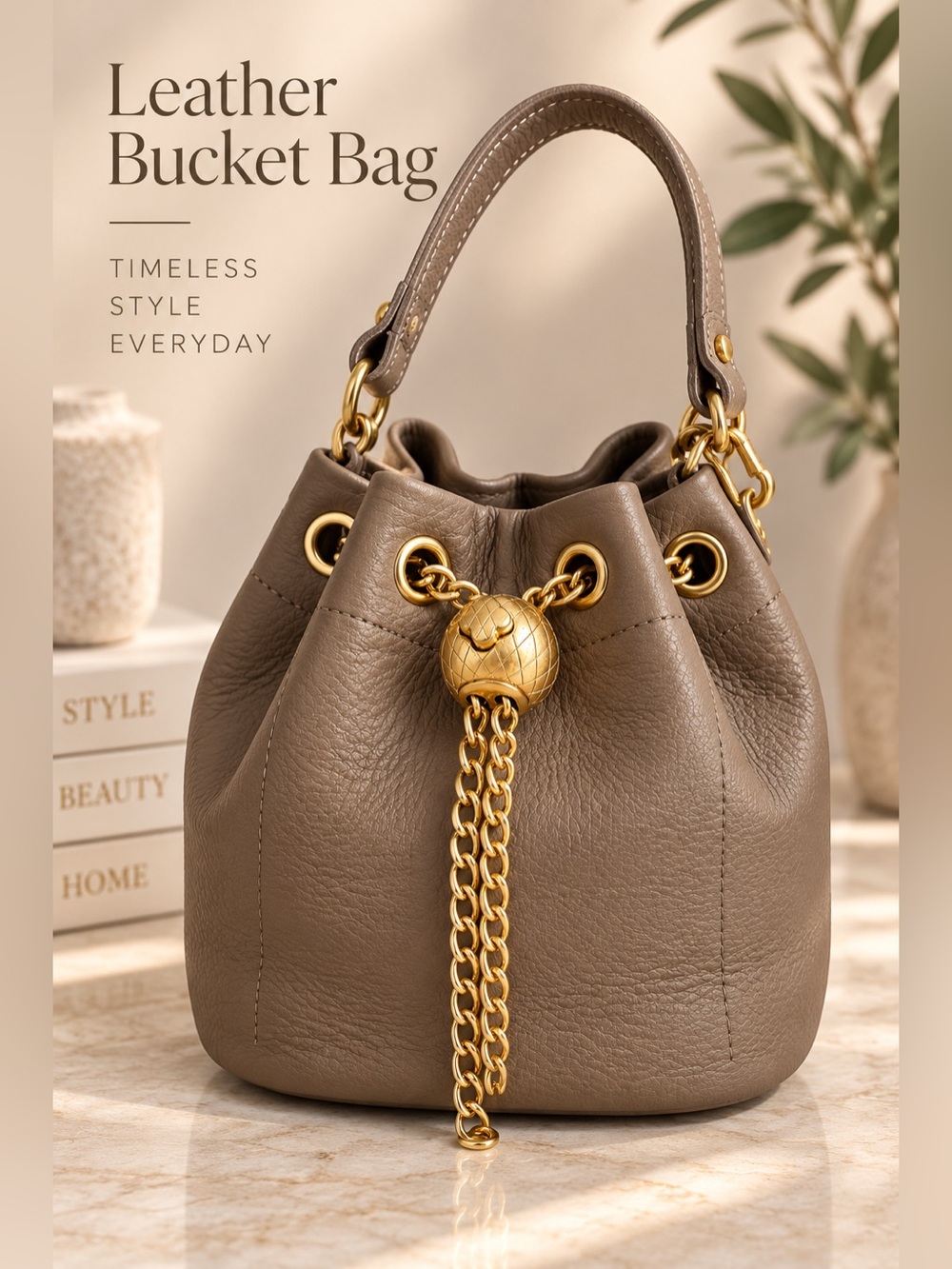 Taupe Genuine Leather Mini Bucket Bag Gold Chain Drawstring